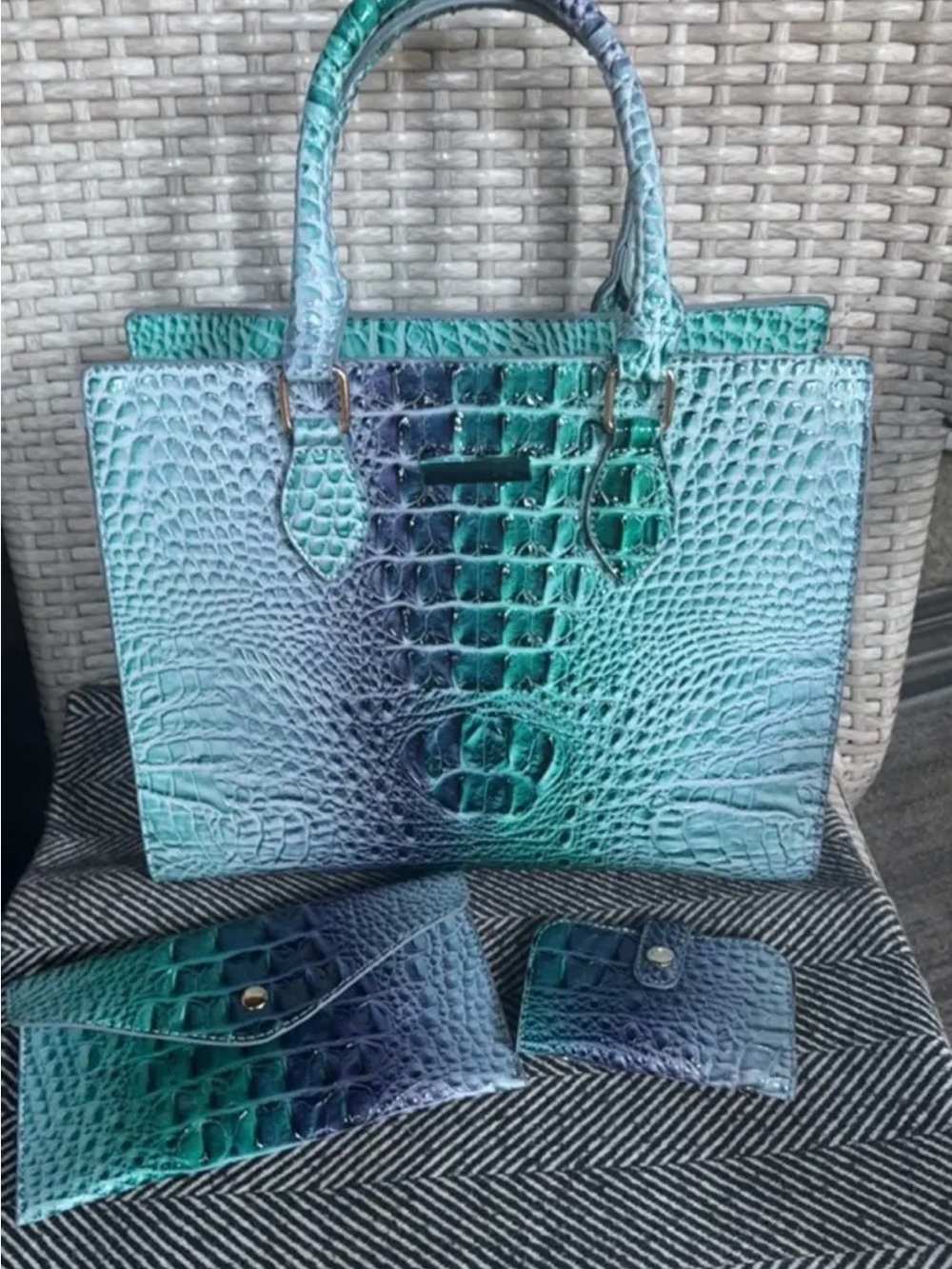 Turquoise Blue-Green Embossed Croc Tote with Matching Wallets
